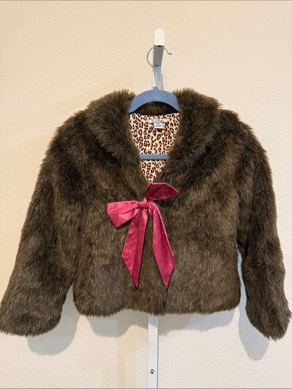 Hartstrings Brown Faux Fur Pea Coat with Pink Ribbon Bow